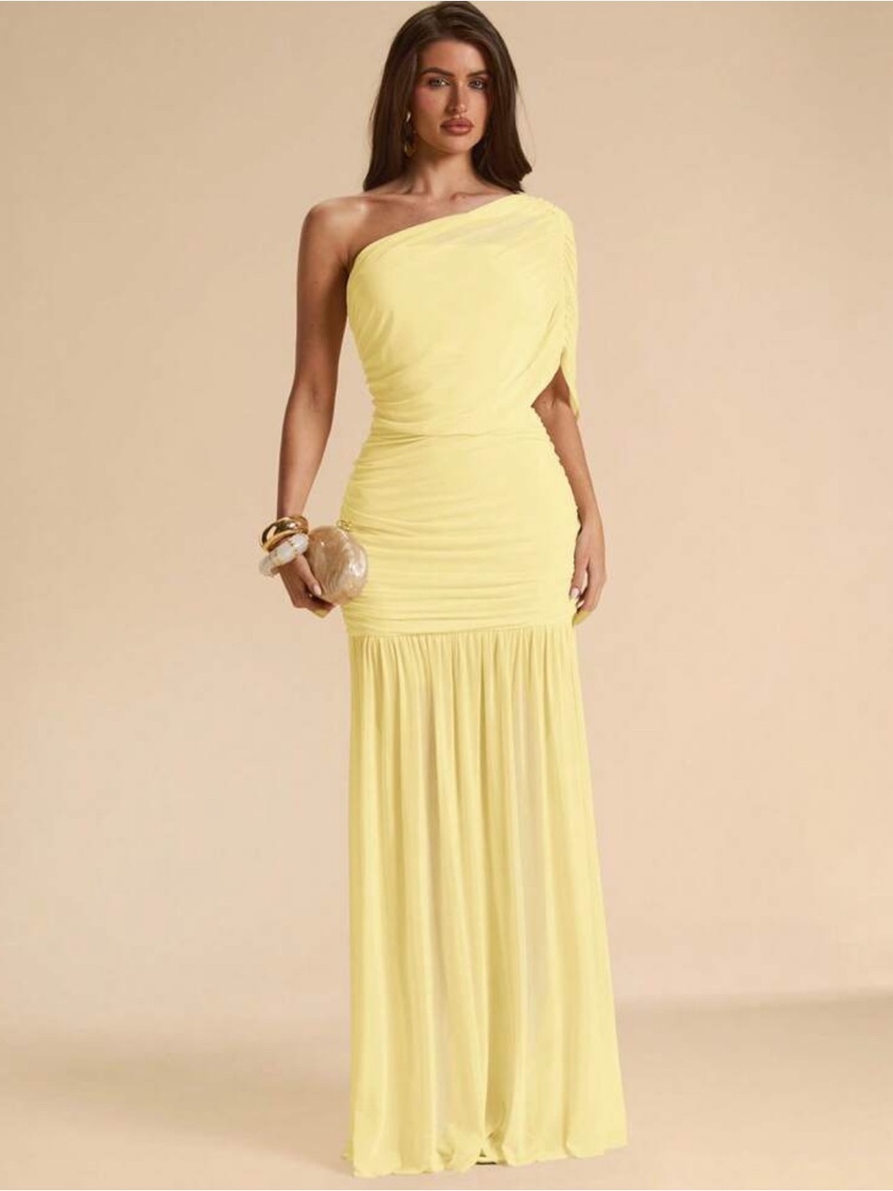 Asymmetric One-Shoulder Yellow Ruched Evening Gown